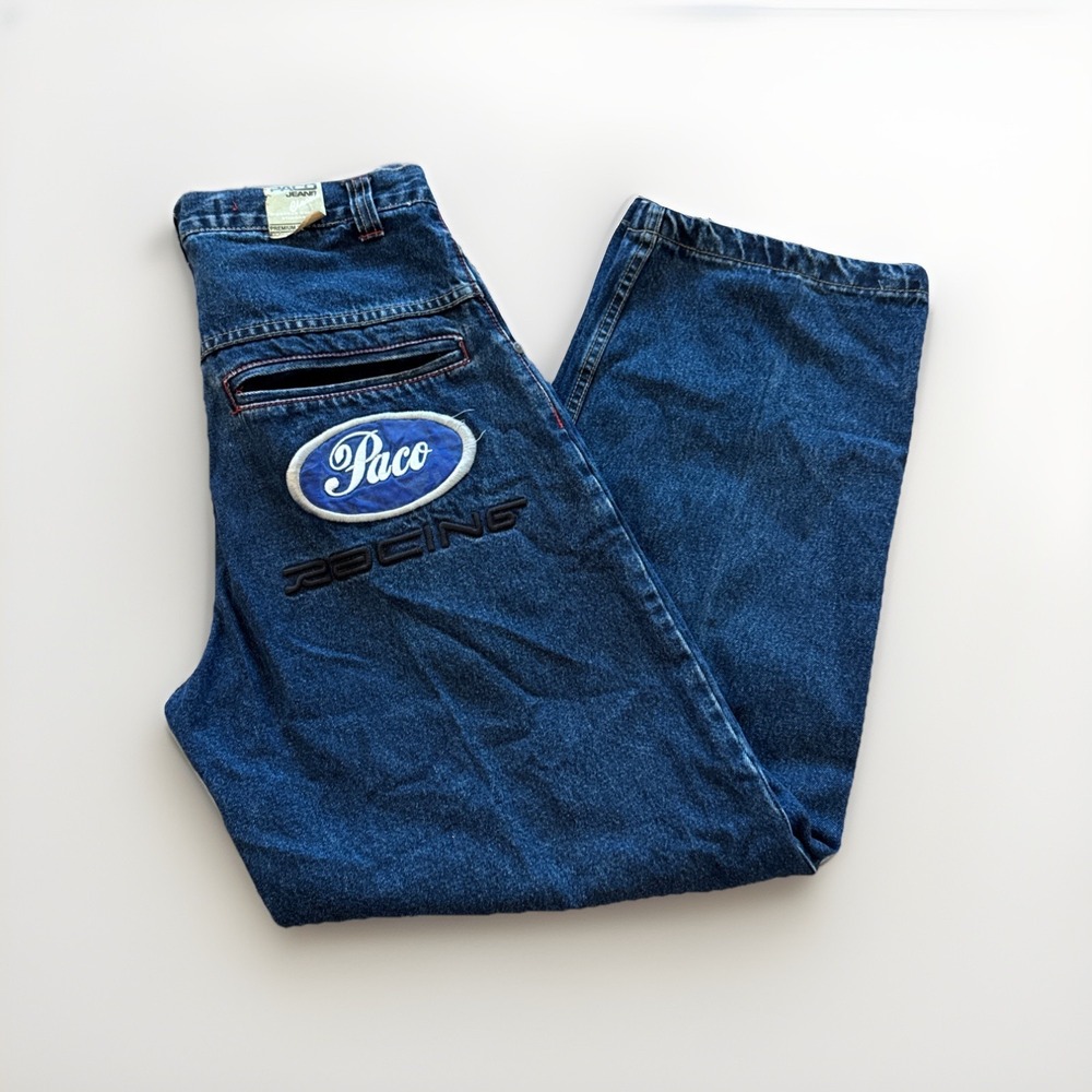 Vintage Paco Jeans Mens 31 x 32 Blue Denim Baggy Racing Patches Y2K Skater
